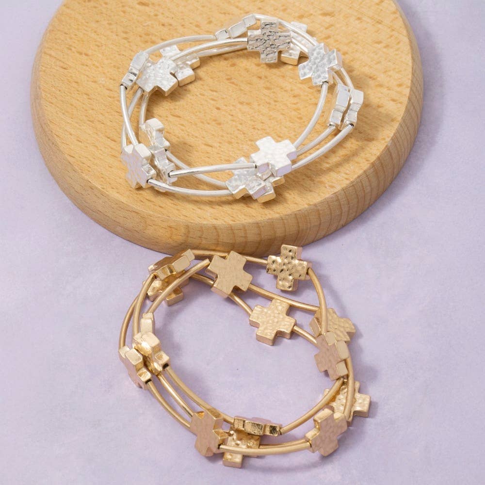 Hammered Cross Charms Layered Bracelet Set Gold and Solver
