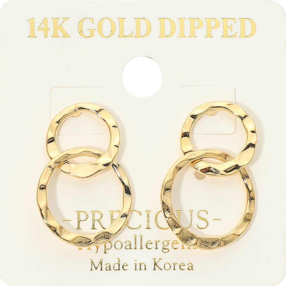 14K Gold Dipped Hypoallergenic Hammered Double Circle Drop Earrings