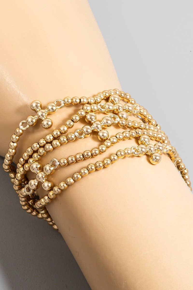Cross Beaded Stack Bracelet Gold