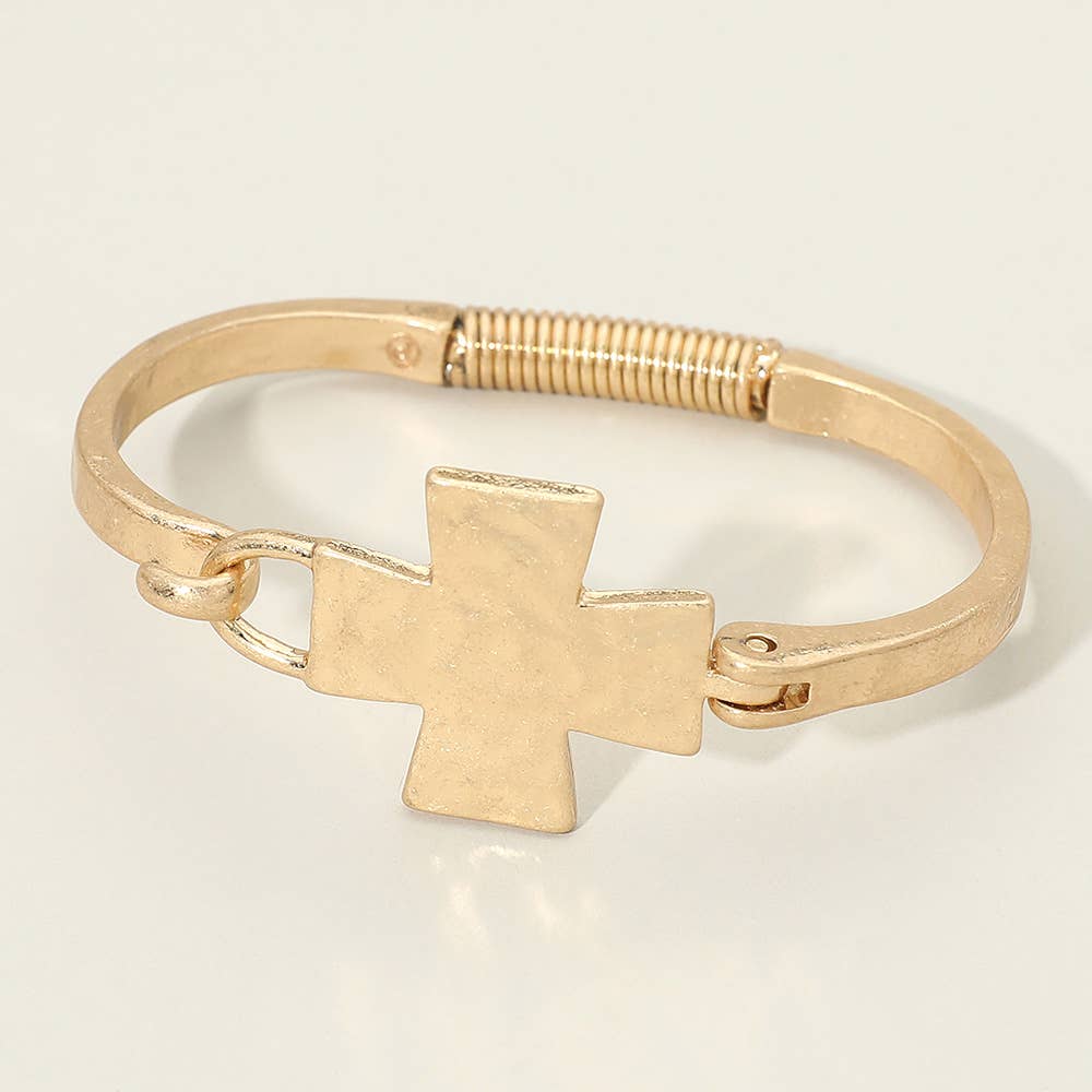 Hammered Metal Cross Accent Hinged Bangle Bracelet