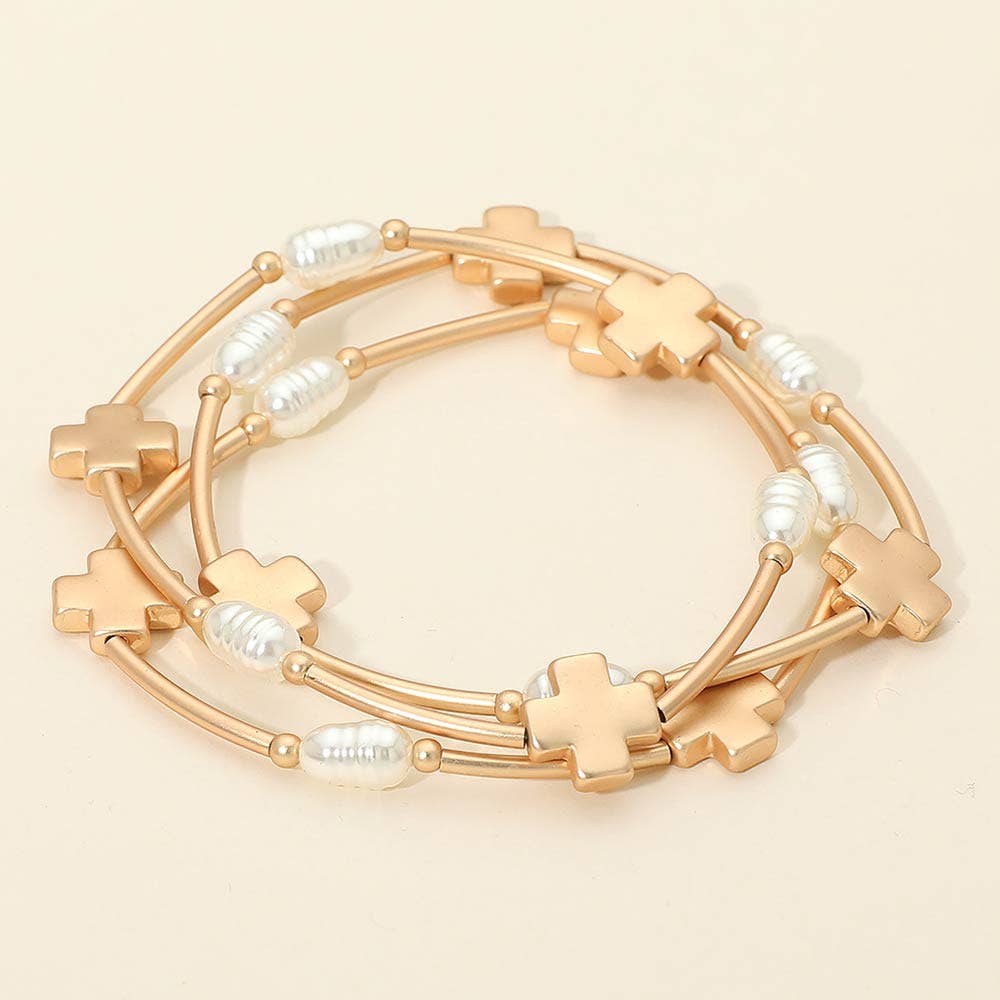 Gold 3PCS - Cross Charm Pearl Beaded Stretch Multi Layered Bracelets