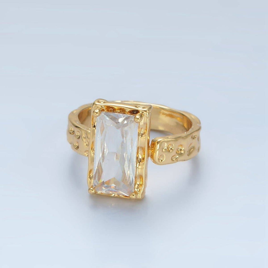 24K Gold Filled Clear CZ Baguette Hammered Wrap Band Ring | U320
