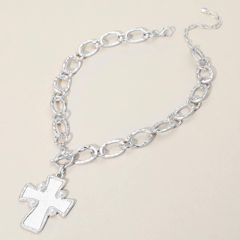 Gold Pearl Hammered Matte Metal Cross Pendant Chunky Necklace