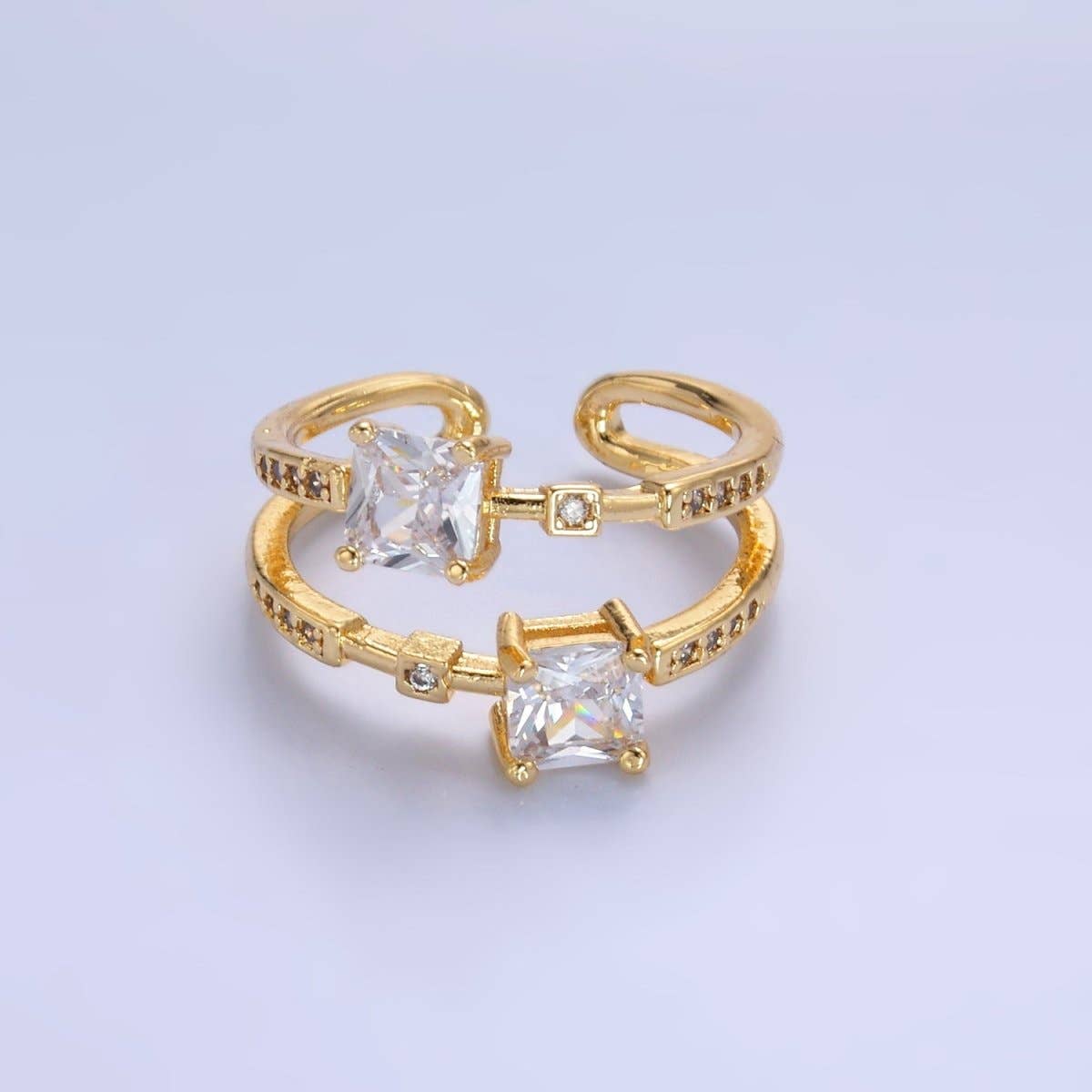 24K Gold Filled Square CZ Micro Paved Geometric Double Band Ring | O545