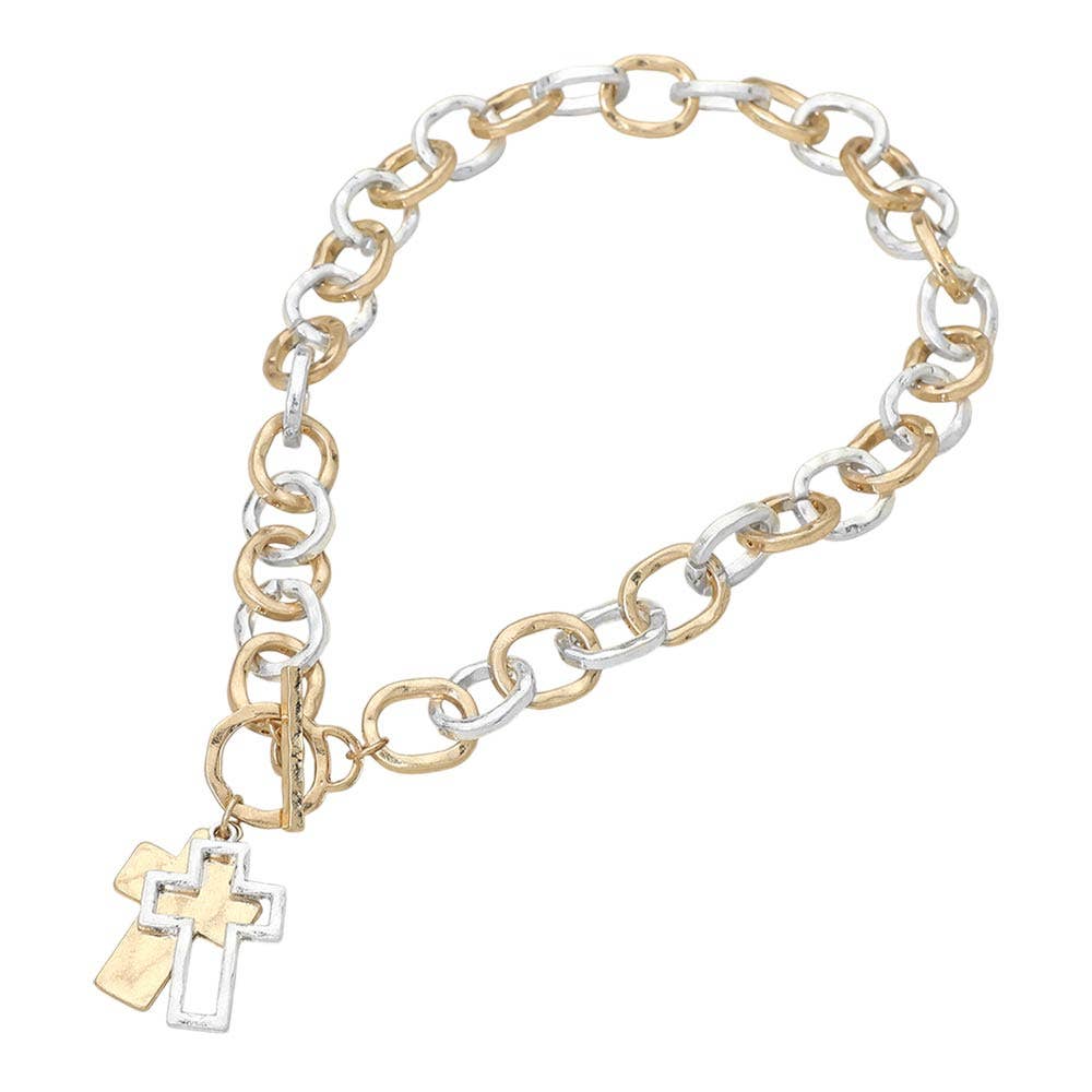 Mix Metal Hammered Layered Cross Pendant Chunky Chain Toggle Necklace